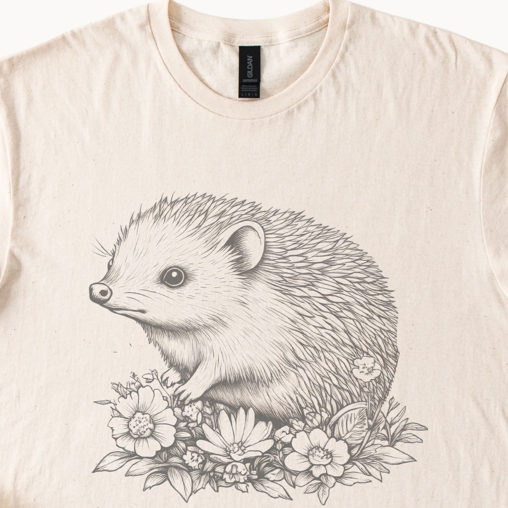 Hedgehog in Wildflowers Cross Hatching Art Tee